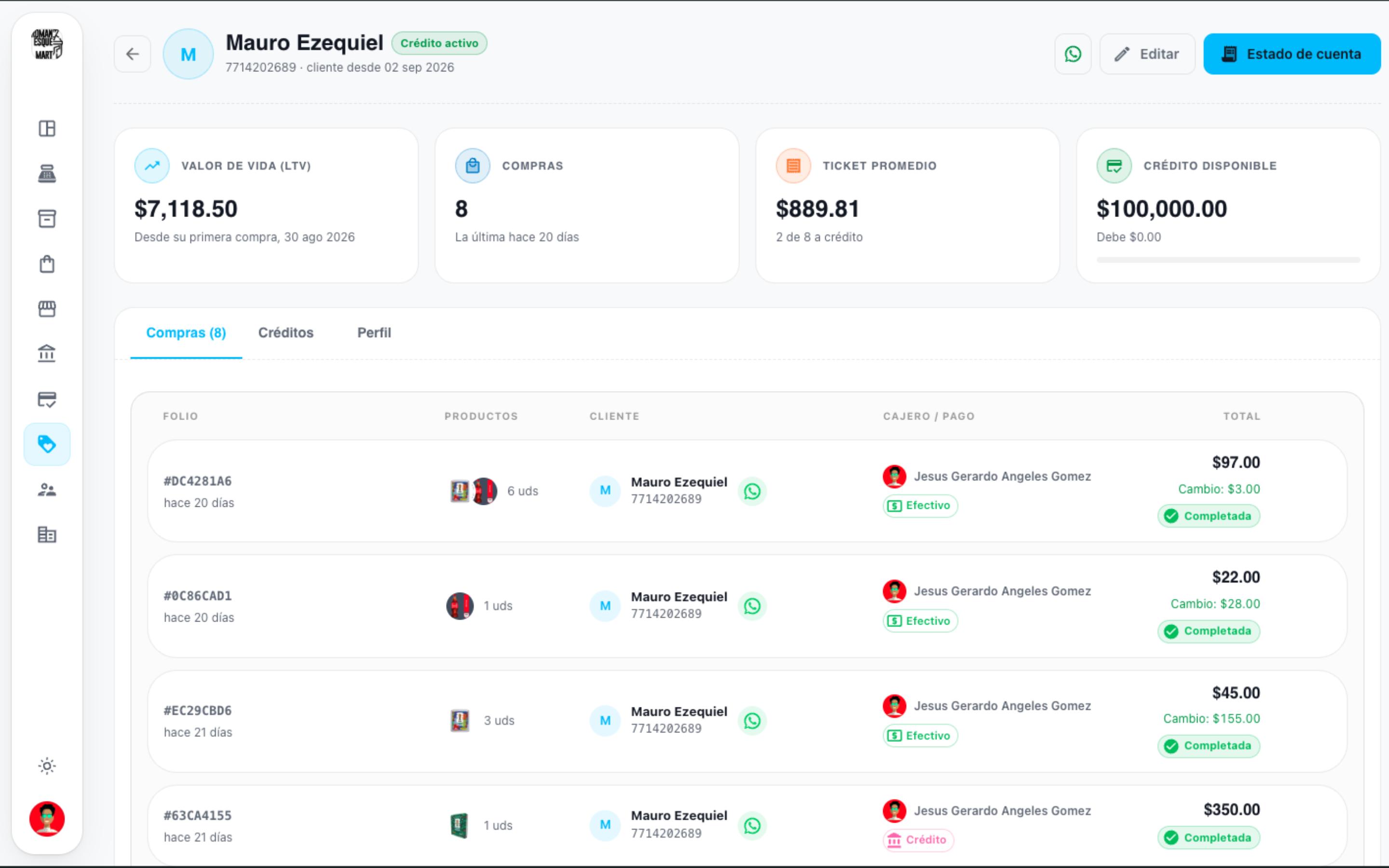 Ficha de cliente en TechSellPro con historial de compras y crédito