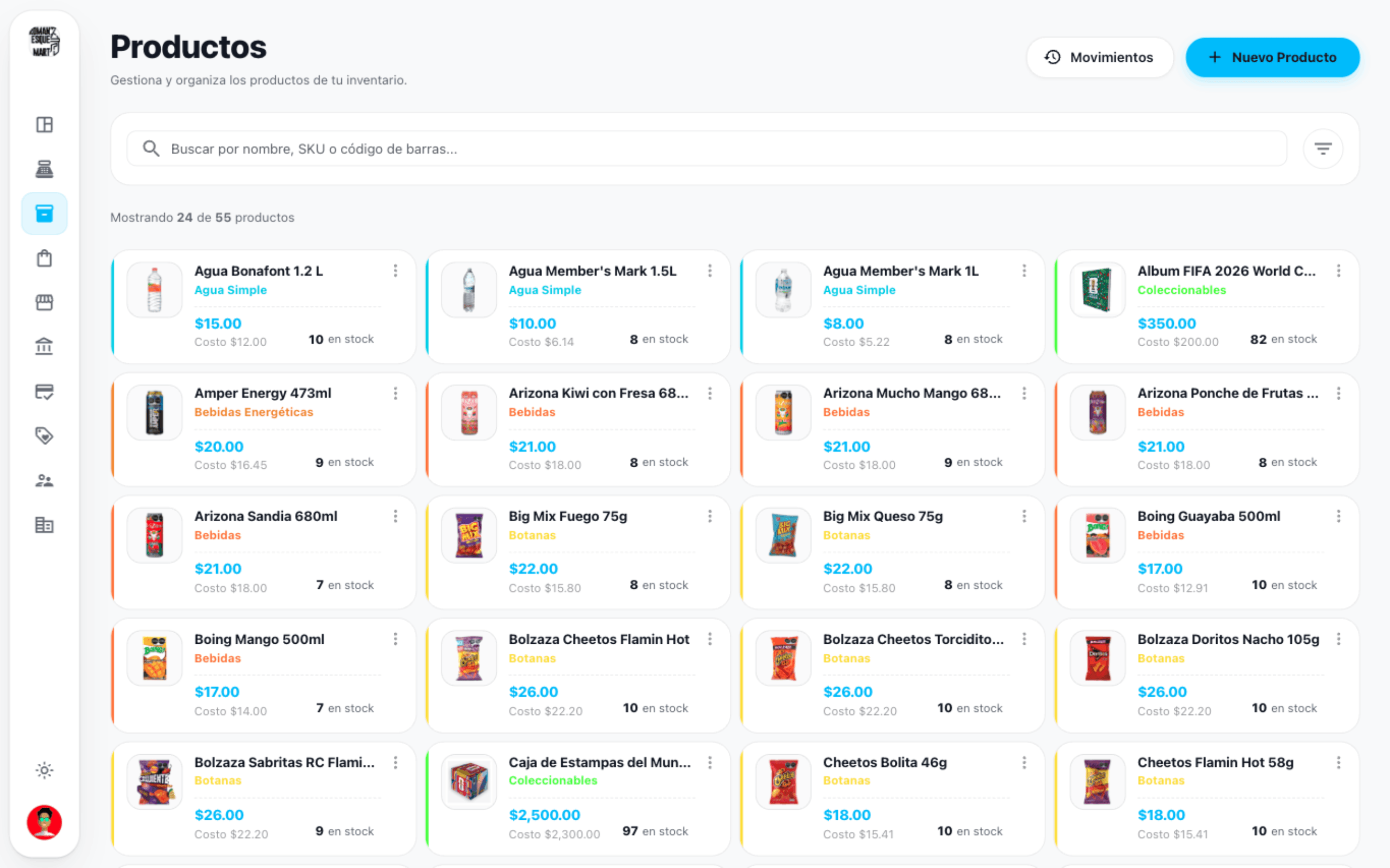 Lista de productos del inventario de TechSellPro con precios, costos y existencias