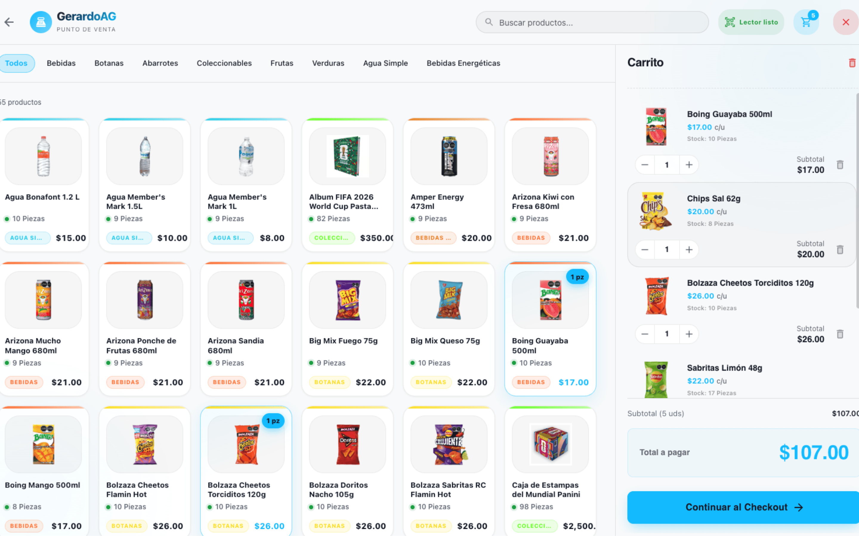 Pantalla de venta de TechSellPro con productos, carrito y total a cobrar