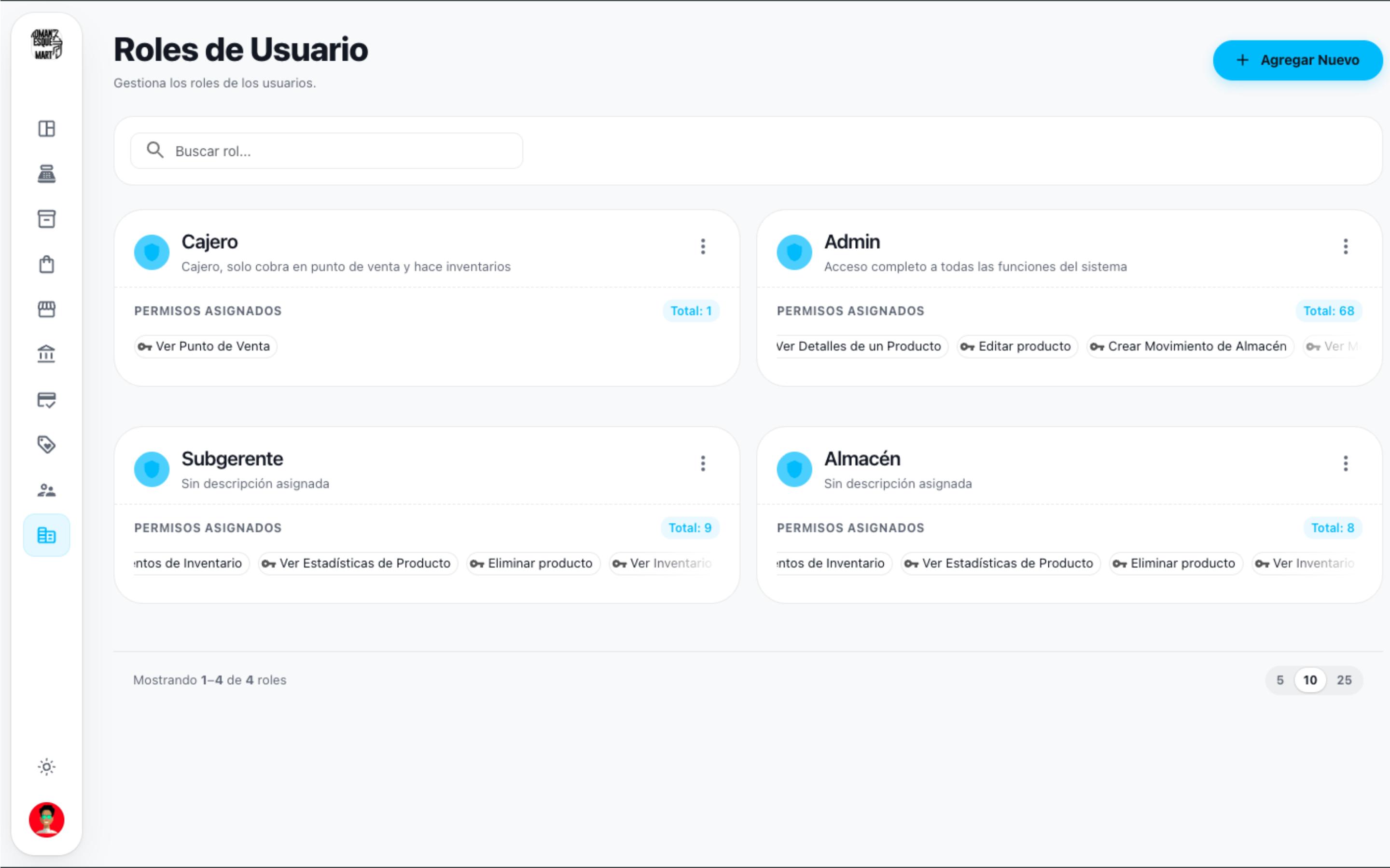 Roles de usuario en TechSellPro con sus permisos asignados